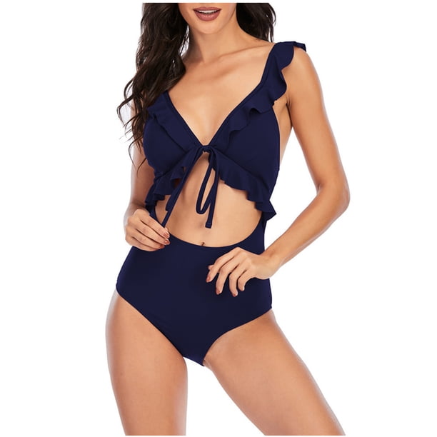 Bikini de Corte Alto de Mujer Bikinis sin Espalda Ajustables de Color Sólido, Traje de Baño Sexy Frenum Flounce con Almohadilla de Pecho