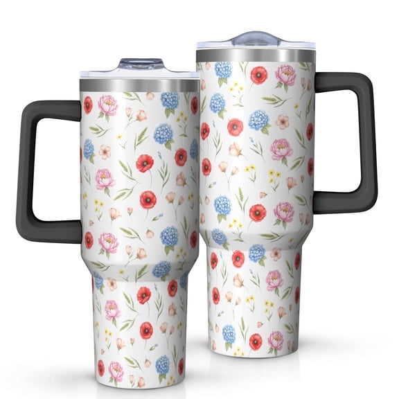 40oz Pioneer Flower Floral Print Pattern Insulated Tumbler with Handle, BPA-Free Leak Proof Lid and Straws, Double Wall Vacuum, Hot 12h/Cold 34h
