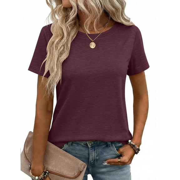 Resicozy Womens Summer Short Sleeve Crewneck T Shirts 2026 Solid Color Tees Casual Basic Tops Deep Red S