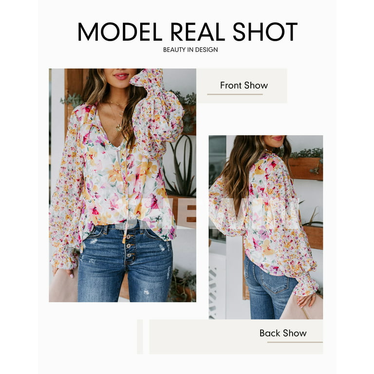 SHEWIN Women's Casual Boho Floral Print V Neck Long Sleeve Loose Blouses  Shirts Tops