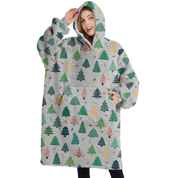 Oversized Wearable Blanket Hoodie,Gray Christmas Tree Pattern Sherpa Blanket Hoodie with Super Pockets,Super Warm Fuzzy Pullover for Women & Men