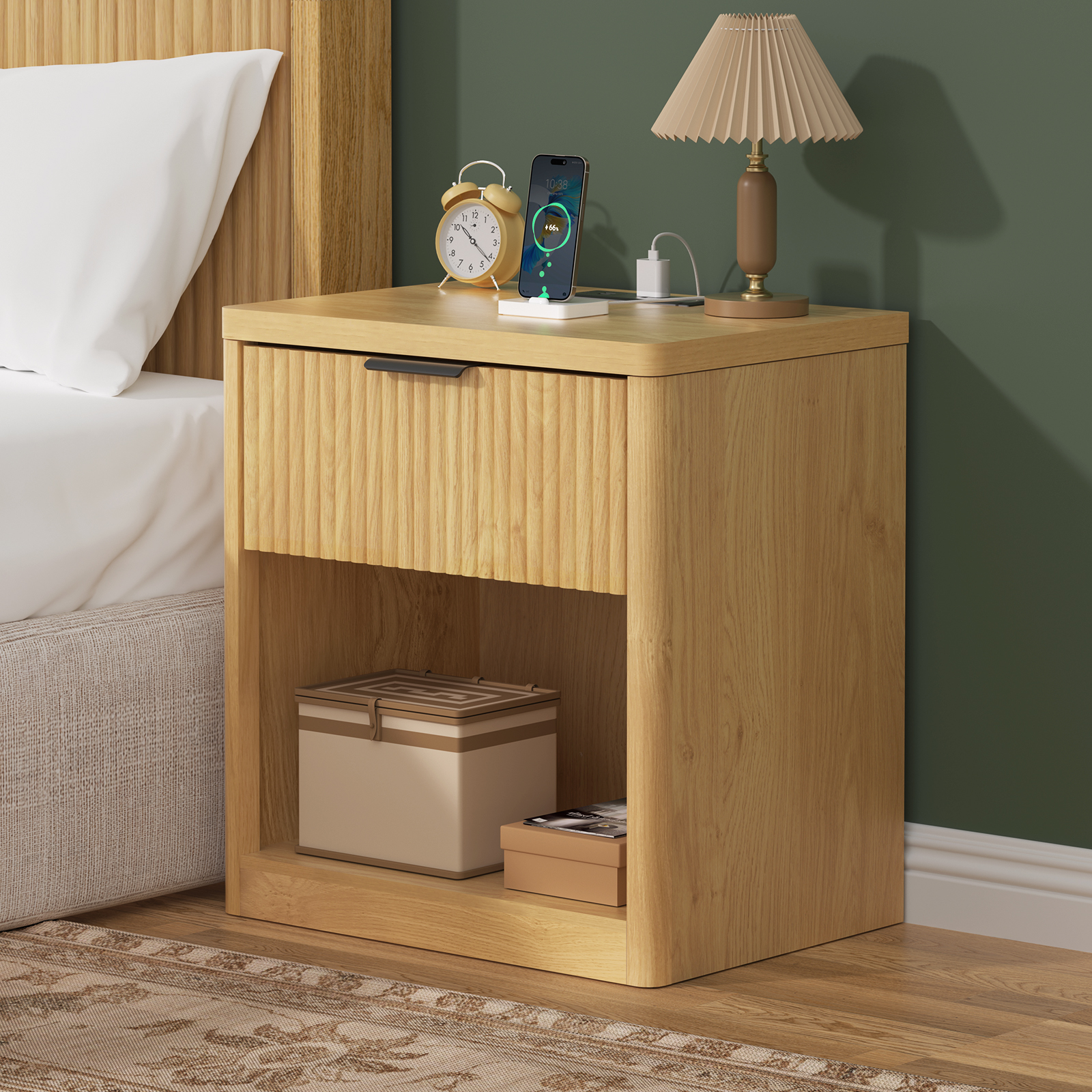 Hommpa Nightstand, Fluted Bed Side Table with Charging Station, Modern End Side Table for Bedroom Furniture Living Room Sofa, Night Stand with Storage Drawers and Large Open Shelf