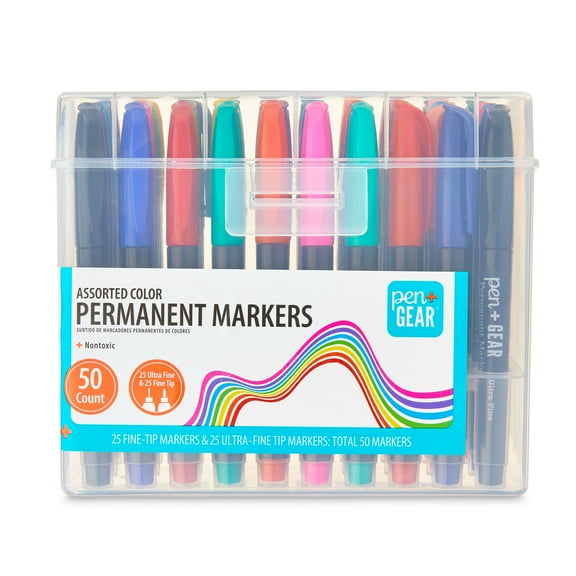Pen+Gear Permanent Markers, Fine + Ultra Fine Tip, Assorted Colors, 50 Count