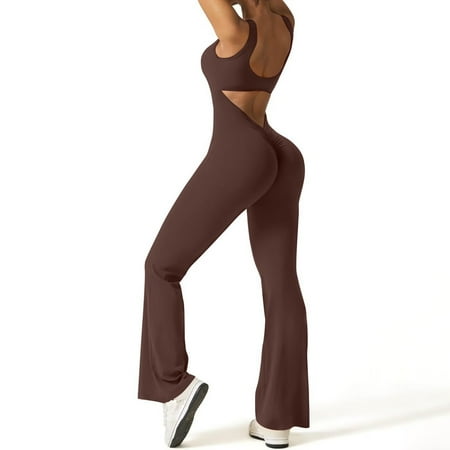 Phina Flare Jumpsuits for Women V Neck Bodycon Full Length Casual Unitard Bodysuit Playsuit Brown L