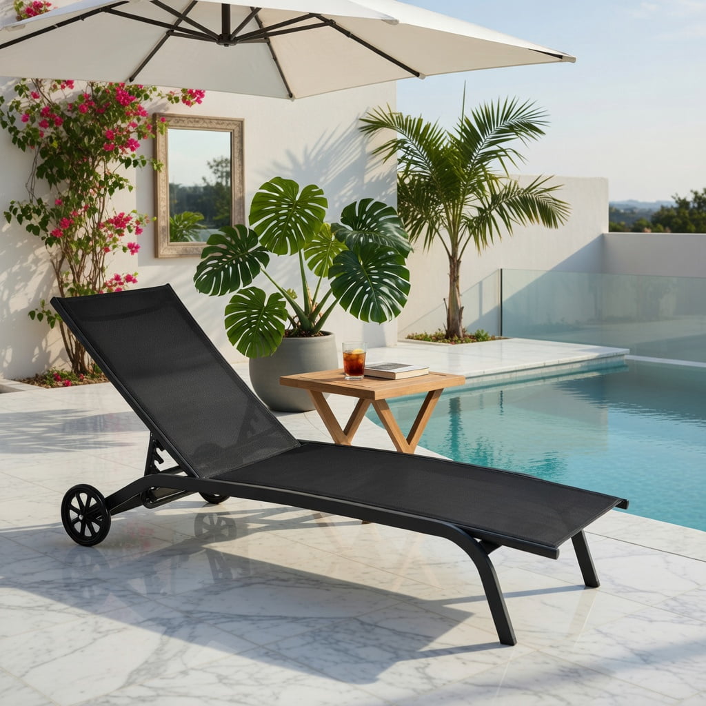 Hommoo 6-Position Adjustable Outdoor Chaise Lounge Chair with Smooth-Rolling Wheels, Steel Frame for Patio, Poolside & Backyard, Black