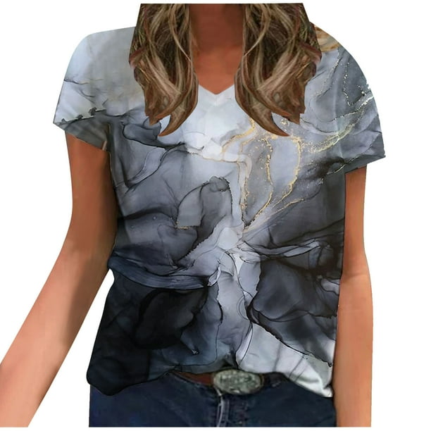 Blusa de camiseta informal con estampado de manga corta y cuello en V de verano para mujer a la moda Fridja ghk5311