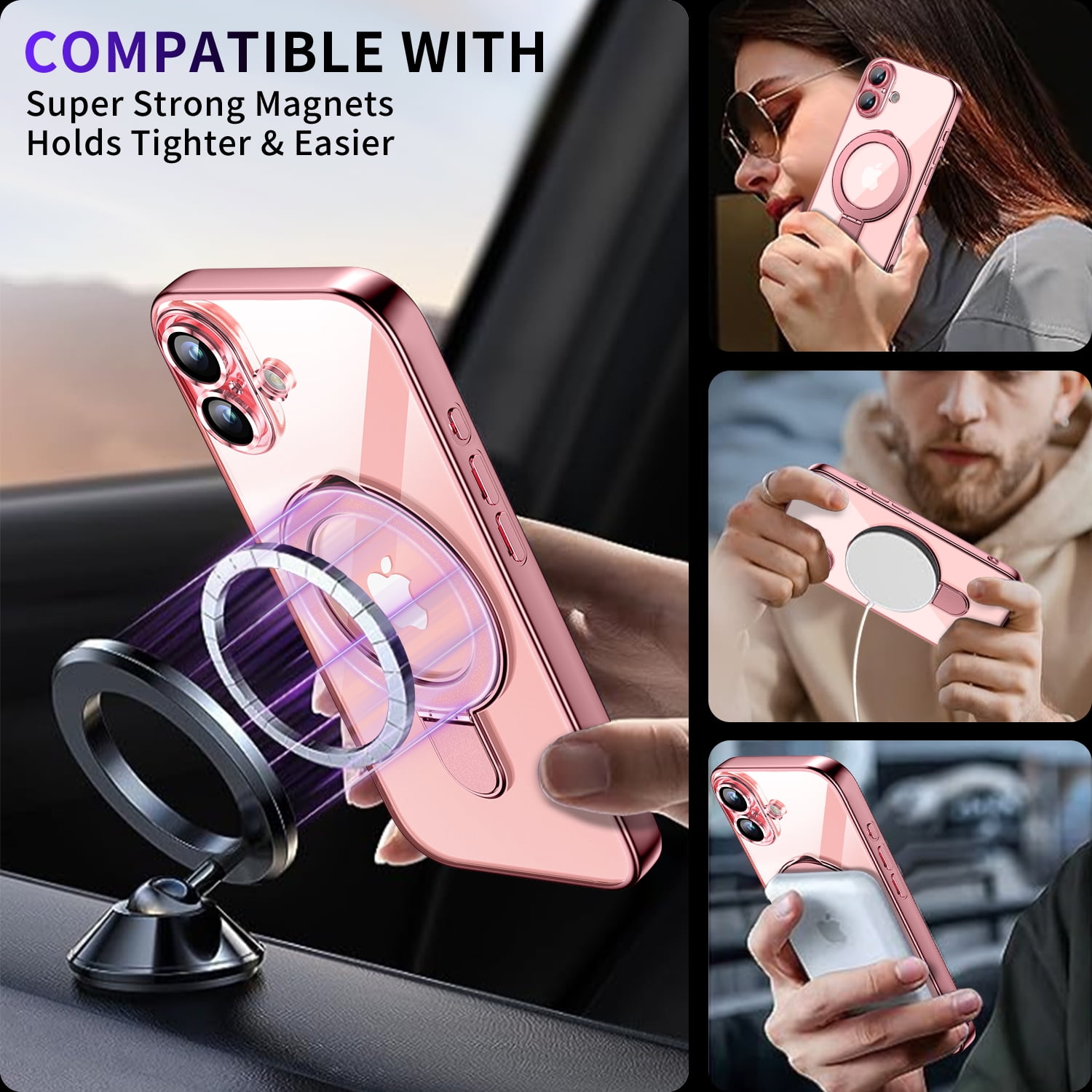 JETeacka Magnetic for iPhone 17 Case with Invisible Kickstand, MagSafe Compatible, Camera Protection, Shockproof Not Yellowing Slim Soft Cover, Pink