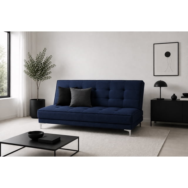 sofa cama reclinable el bazar store zeus azul marino lino futon 3 posiciones abotonado sala sofá cama reclinable Zeus en azul marino; vista frontal 3/4, respaldo y asiento abotonados con patrón cuadriculado, tapizado en lino, acojinamiento con hule espuma de alta densidad, patas metálicas cromadas visibles; medidas 190 x 100 x 90 cm; adecuado también como futón para áreas de visita o sala de estudio.