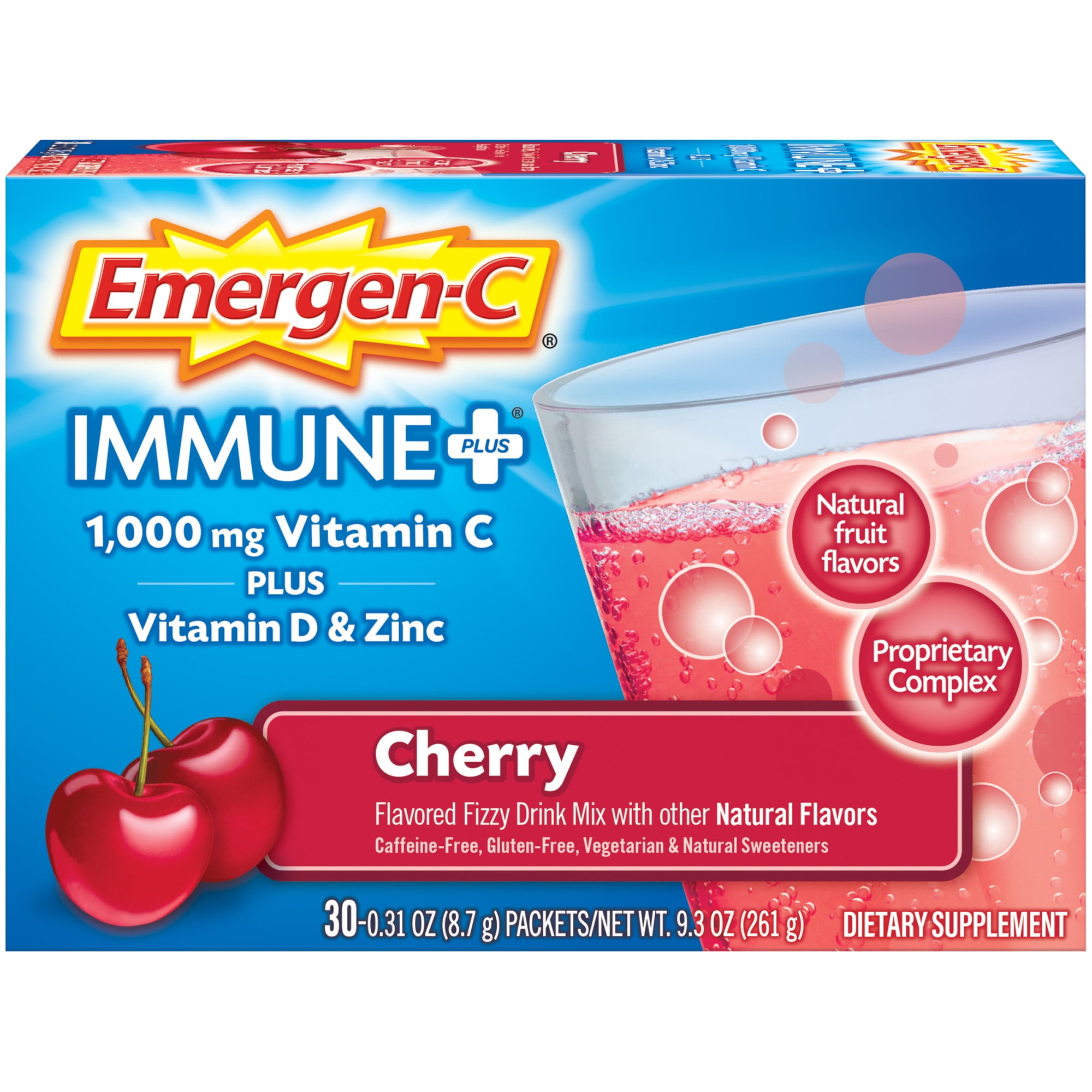 EmergenC Immune Plus Vitamin C Supplement Powder, Cherry, 30 Ct