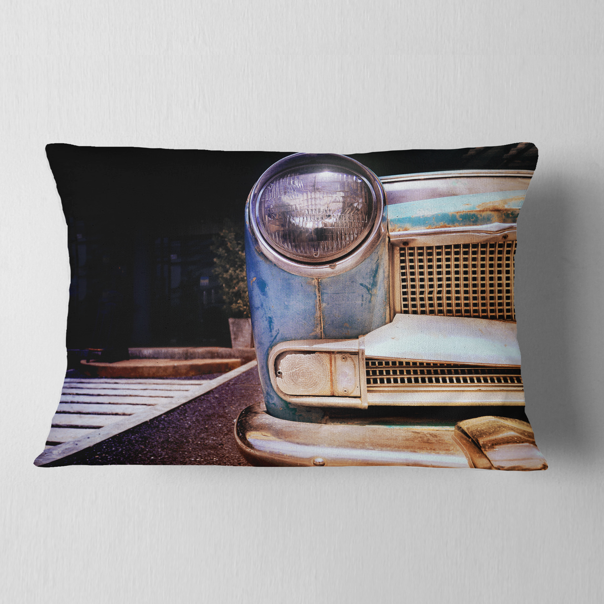 Designart Front Headlight Of Vintage Car - Cars Throw Pillow - 12x20