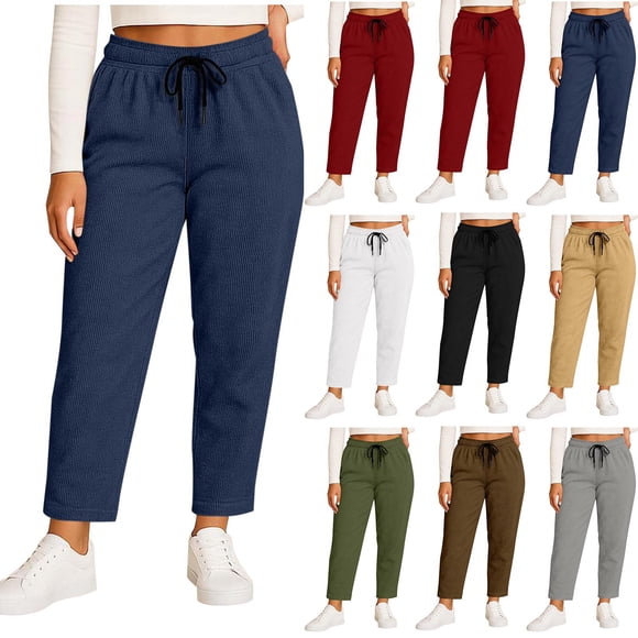 Pincandy Women's Plus Size Solid Color Fashion Elastic Waist Corduroy Wide Leg Pants with Pockets, Loose Fit, Casual & Daily Wear