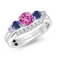 thumbnail image 2 of Gem Stone King 10K White Gold Pink Created Sapphire Blue Created Sapphire and White Lab Grown Diamond 5 Stone Bridal Engagement Wedding Ring Set for Women (0.94 Cttw, Round: 5MM and 3MM, Size 9), 2 of 6
