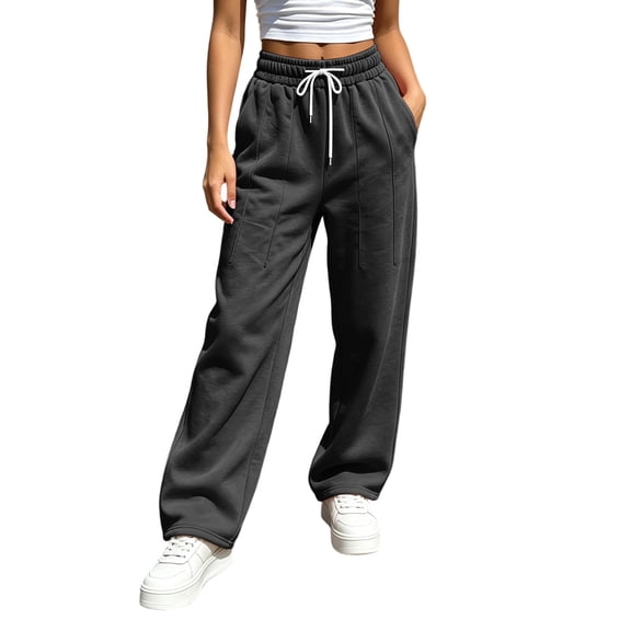 Oksale Womens Petite Sweatpants with Pockets Elastic Drawstring Waisted Straight Leg Sweat Pants Comfy Moisture Wicking Loose Gym Pants for Fall Black M