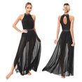 thumbnail image 1 of TiaoBug Womens Lyrical Dance Dress Sleeveless Keyhole Back Shiny Rhinestones Side Split Mesh Maxi Dress Black S, 1 of 7