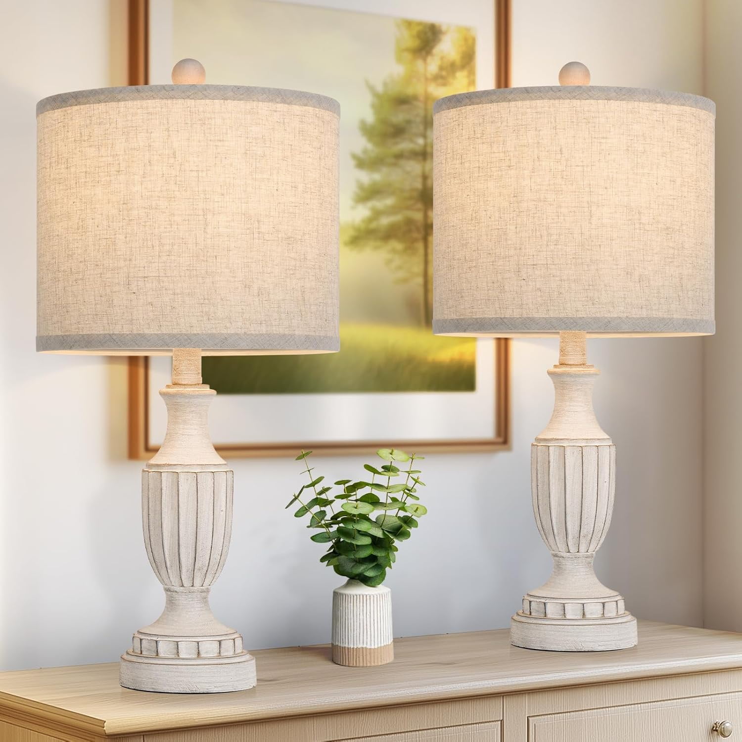 Nordic Hygge Set of 2 White Rustic Vintage Table Lamps for Living Room Bedroom