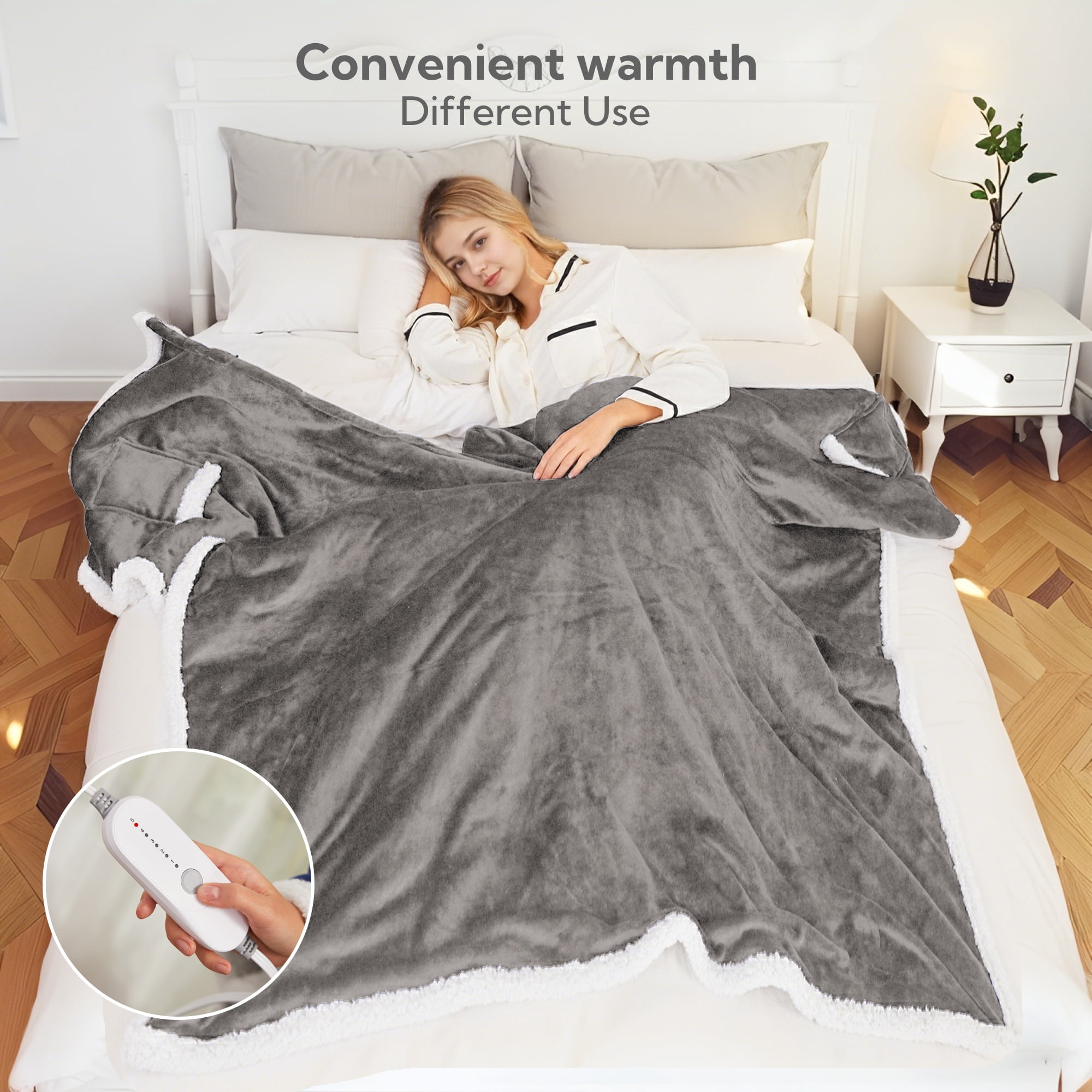 SUNNY HEAT Heated Electric Wearable Throw Blanket with Hood Pockets, 56"x63", Soft Flannel & Sherpa, 3H Auto Shut Off, Machine Washable, Light grey