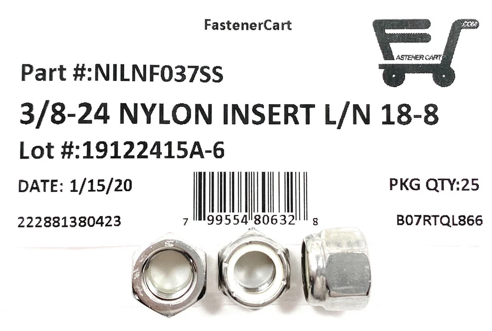 CRESTIN- (25) 3/8-24 Stainless Steel Nylon Insert Lock Nuts - Fine Thread Unf 3/8-24