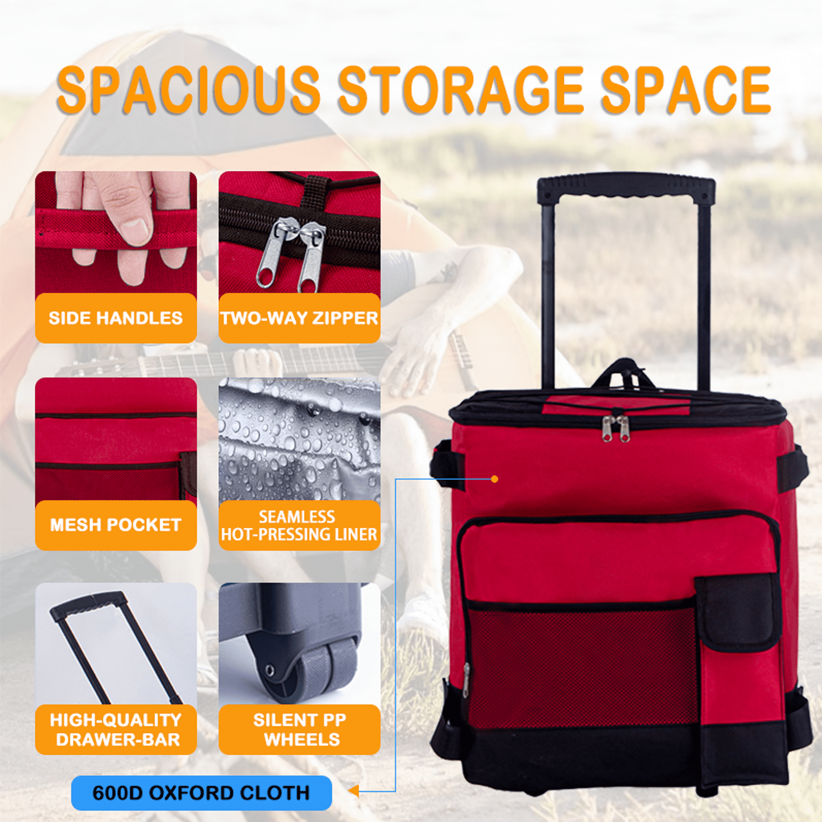 Rolling Cooler, HDJ 43L Large Leakproof Soft Cooler Bag with Wheels and Handle for Beach Camping Patio Travel Outdoor, Red