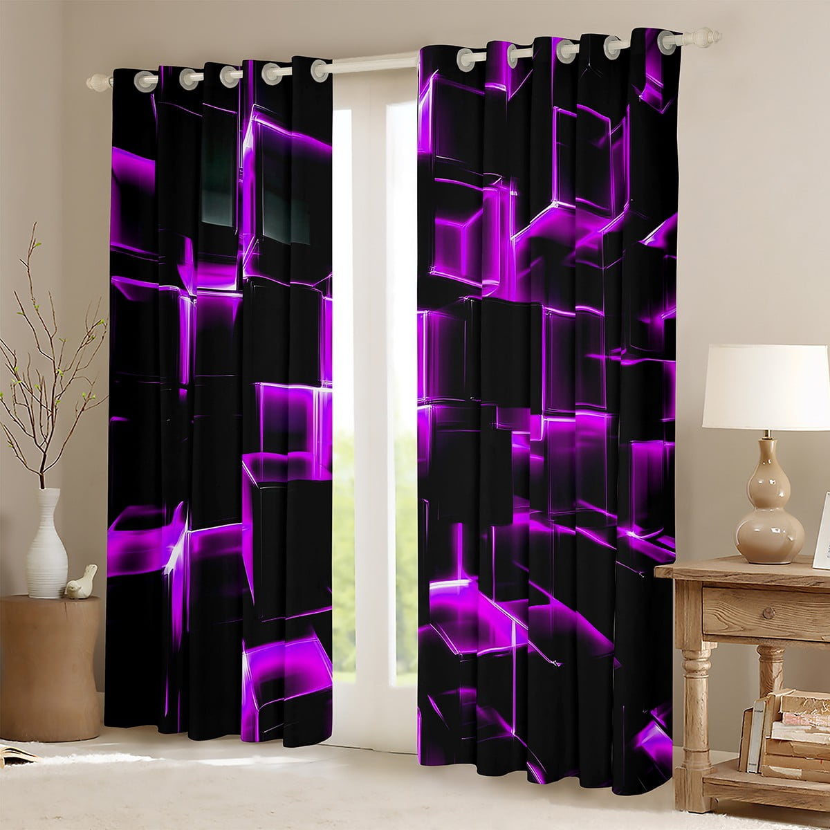 Erosebridal Futuristic Cubes Curtains Pack of 2 (42Wx63L),Neon Purple 30%-50% Black Out Curtains,Curtains for Living Room,Geometric Room Decorative