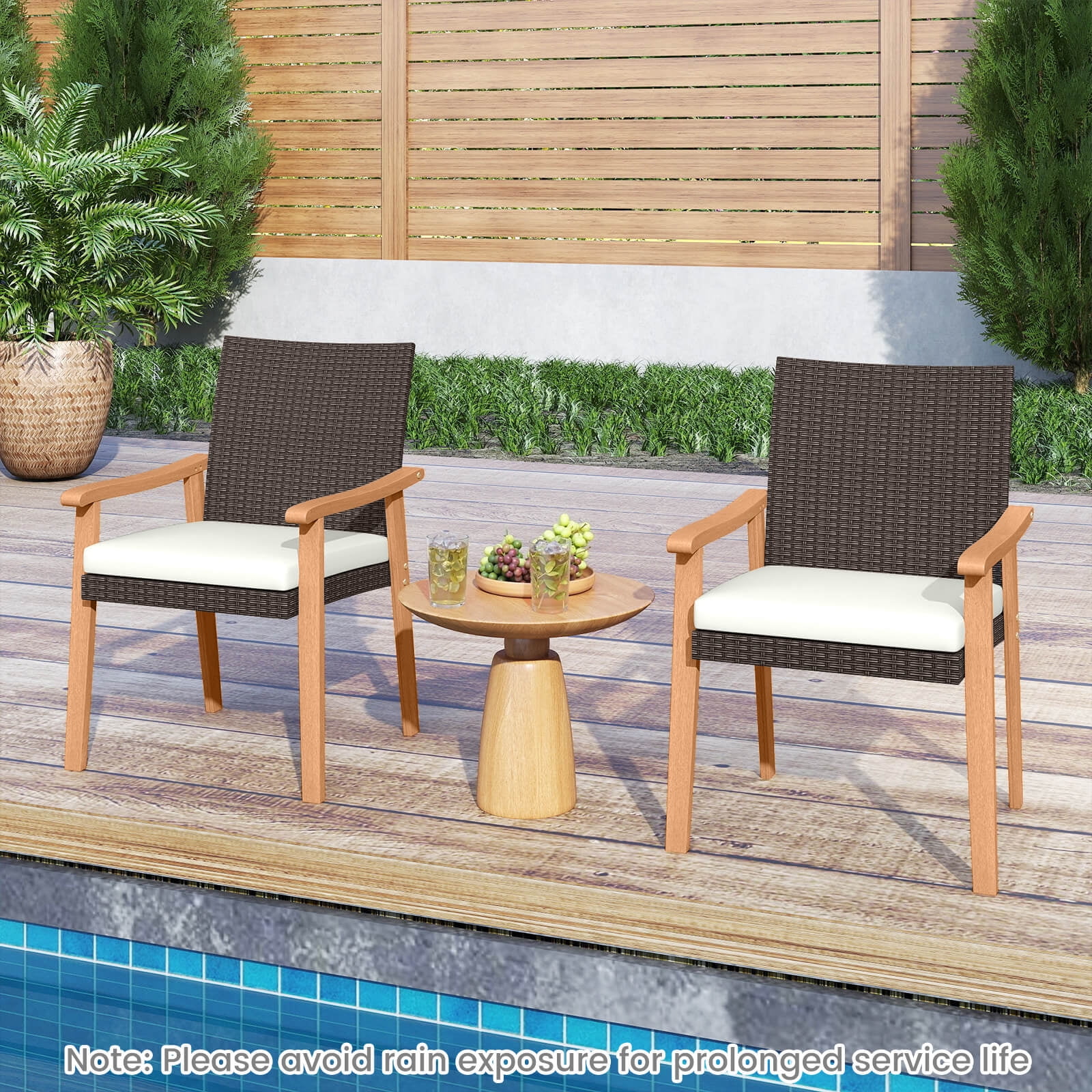 Costway Patio Dining Chair Set of 2 with Cushion Wood Armrests Metal Frame for Garden
