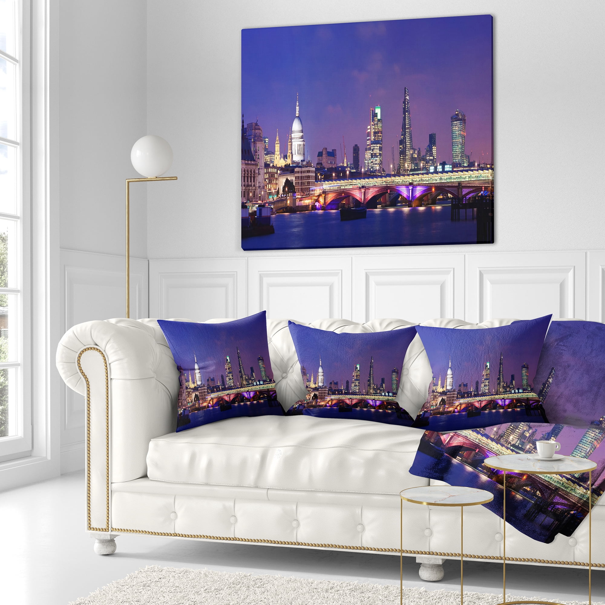 Designart London Night Panorama - Cityscape Photo Throw Pillow - 18x18
