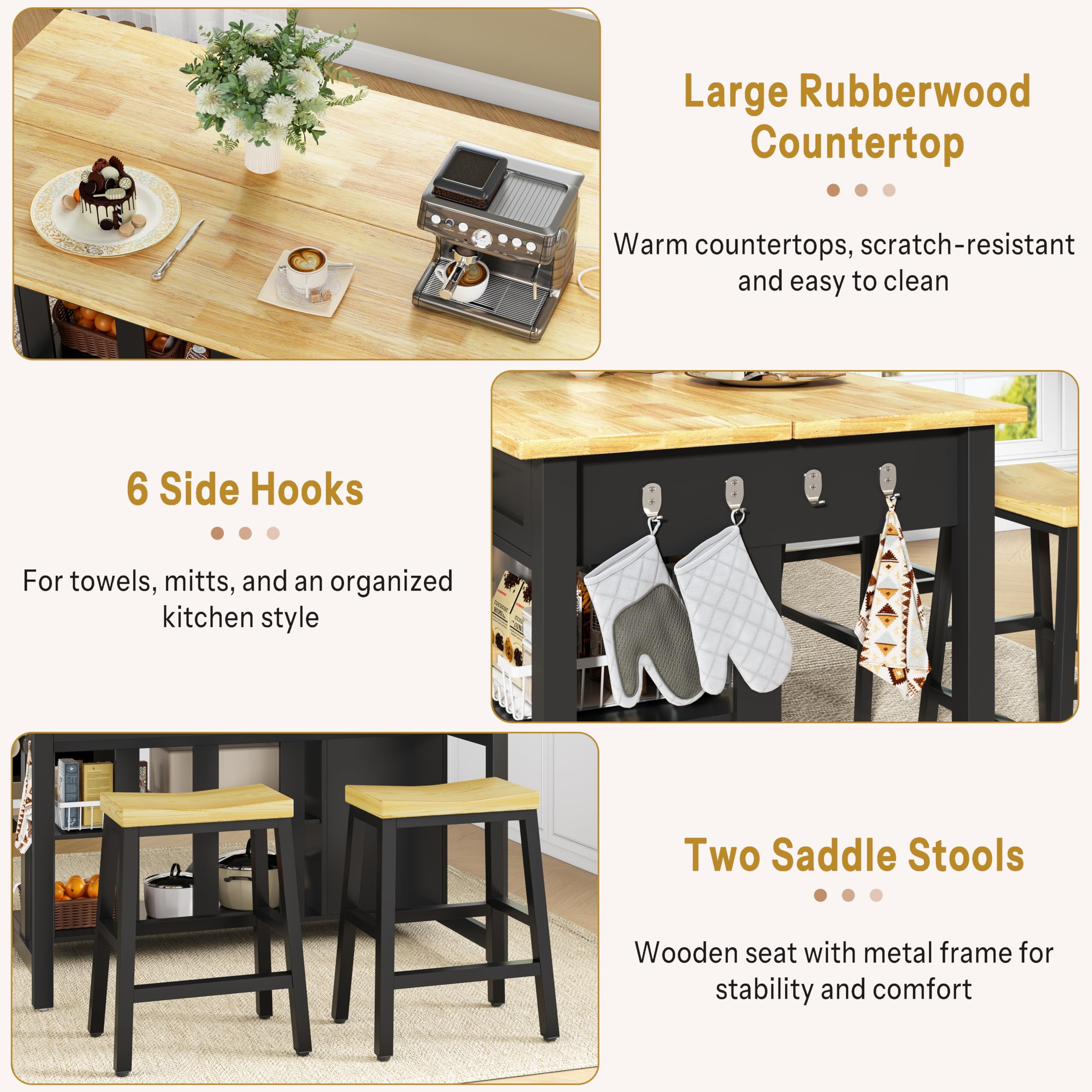 ChicZhiNest Kitchen Island with Seating Include 2 Stools, 47" Solid Rubberwood Dining Table with Power Outlet, 6 Hooks, Kitchen Bar Table Set with 2 Drawers & Open Shelves Storage Cabinet, Black