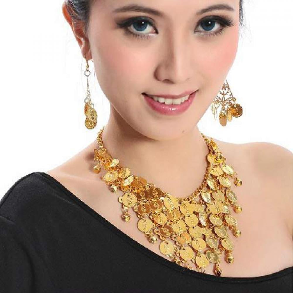 Women's Gold Coins Necklace & Earrings Prop Set Indian Tribal Belly Dance Necklace National Dance Accessories Cos Photography Accessories
