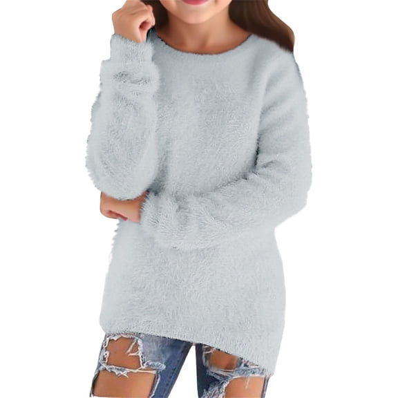 Otqutp Girls Solid Color Oversized Pullover Warm Soft Plush Fuzzy Sweatshirt Teen Kids Round Collar Spring Fall Outfits