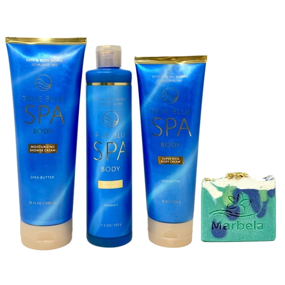 Bath & Body Works True Blue Spa Body Trio Set - Shower Cream, Body Wash and Super Rich Body Cream  - with an Aloe Vera Bar Soap - Full Size