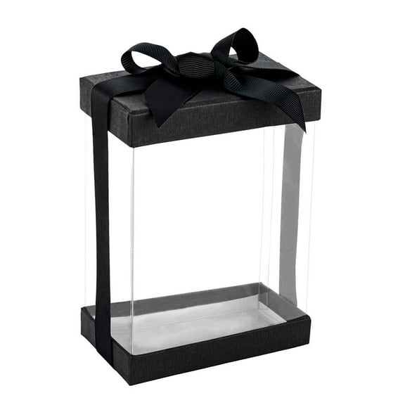 Hammont Elegant Clear Plastic Gift Box with Black Bow and Ribbon for Gifting 5"x3"x7" 6 Pack