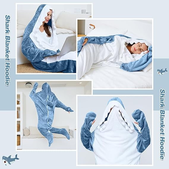 RAINBEAN Shark Blanket Hoodie Onesie for Adults and Kids, Cozy Flannel Shark Sleeping Bag