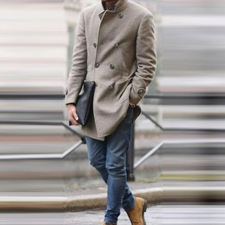 Men Woolen Coat Mid Length Double Breasted Stand Collar Outerwear