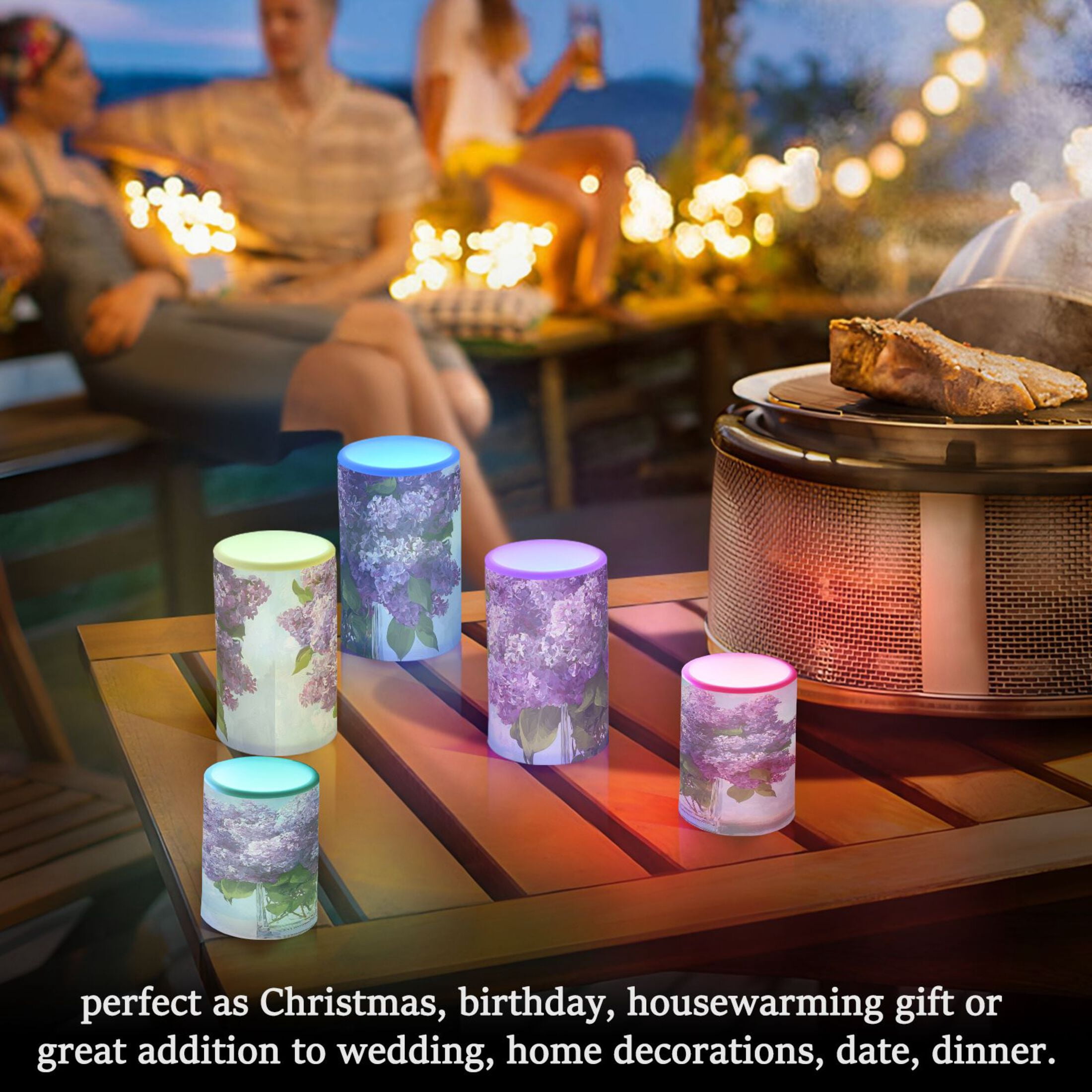 Large Bouquet Of Lilac in Glass Vase Flickering Flameless Candles Battery Operated with Remote Timer LED Pillar Candles Set of 2