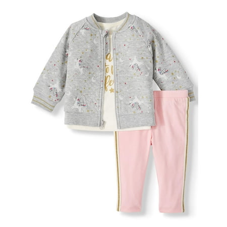 Wonder Nation Quilted Jacket, T-shirt, & Pants, 3pc Outfit Set (Baby Girls)