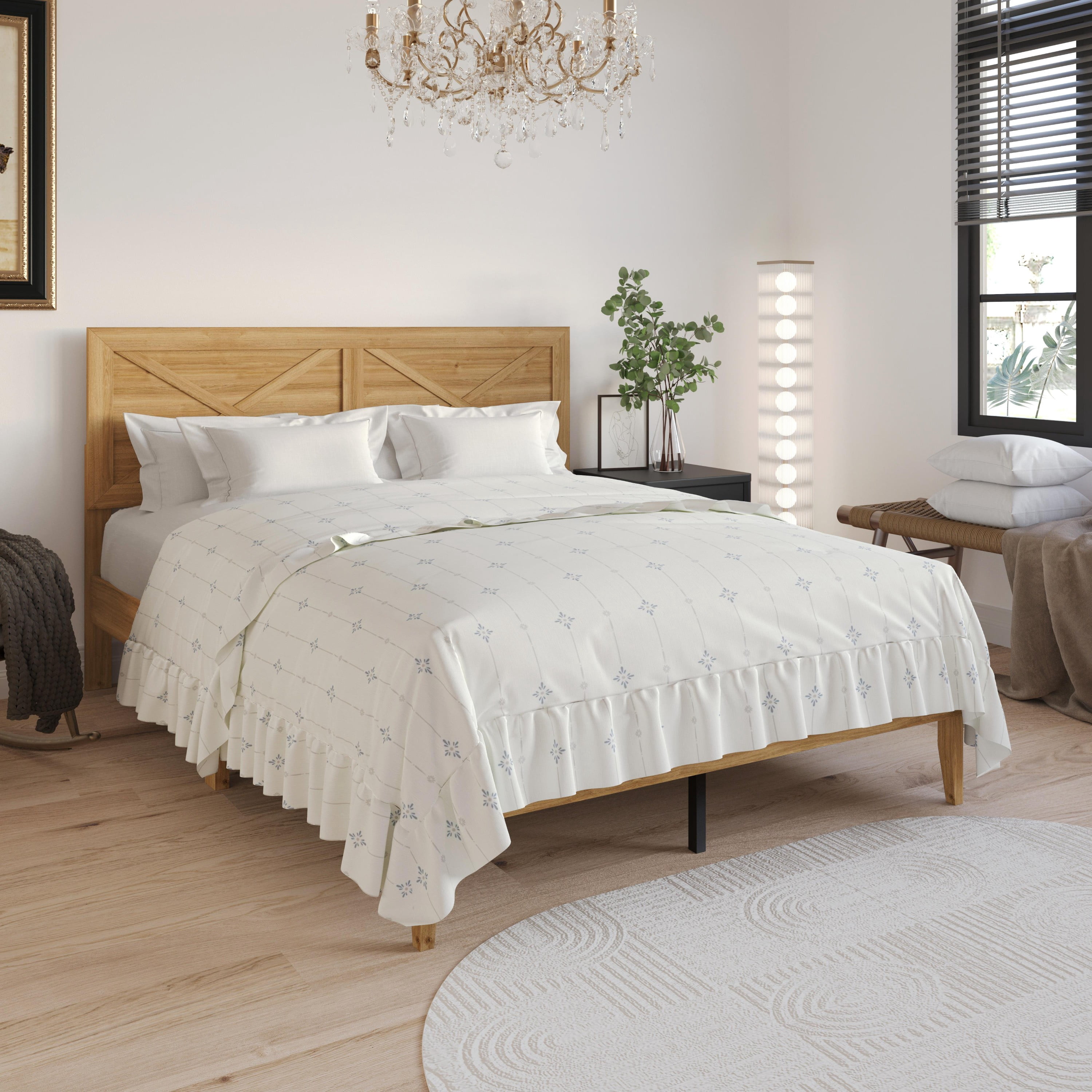 Home Design Oxnard Twin Solid Wood Platform Bed Frame with X-Pattern Headboard and Full Slat Support System, Light Oak