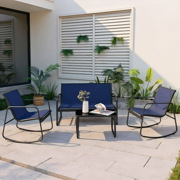 Resenkos Patio Furniture Sets,Outdoor & Patio Furniture Sets,4 Piece Patio Rocking Set with Glass-Top Table-Navy