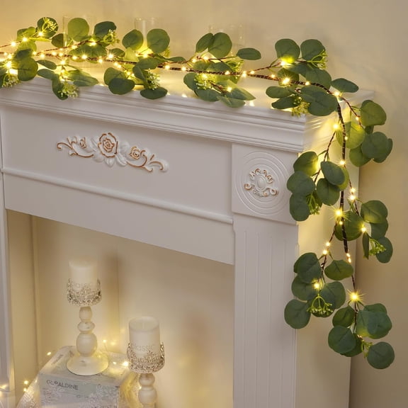KUNPENG 6FT Eucalyptus Garland with Timer, Artificial Greenery Tree Garland for Mantle Fireplace Outdoor Indoor Home Decor