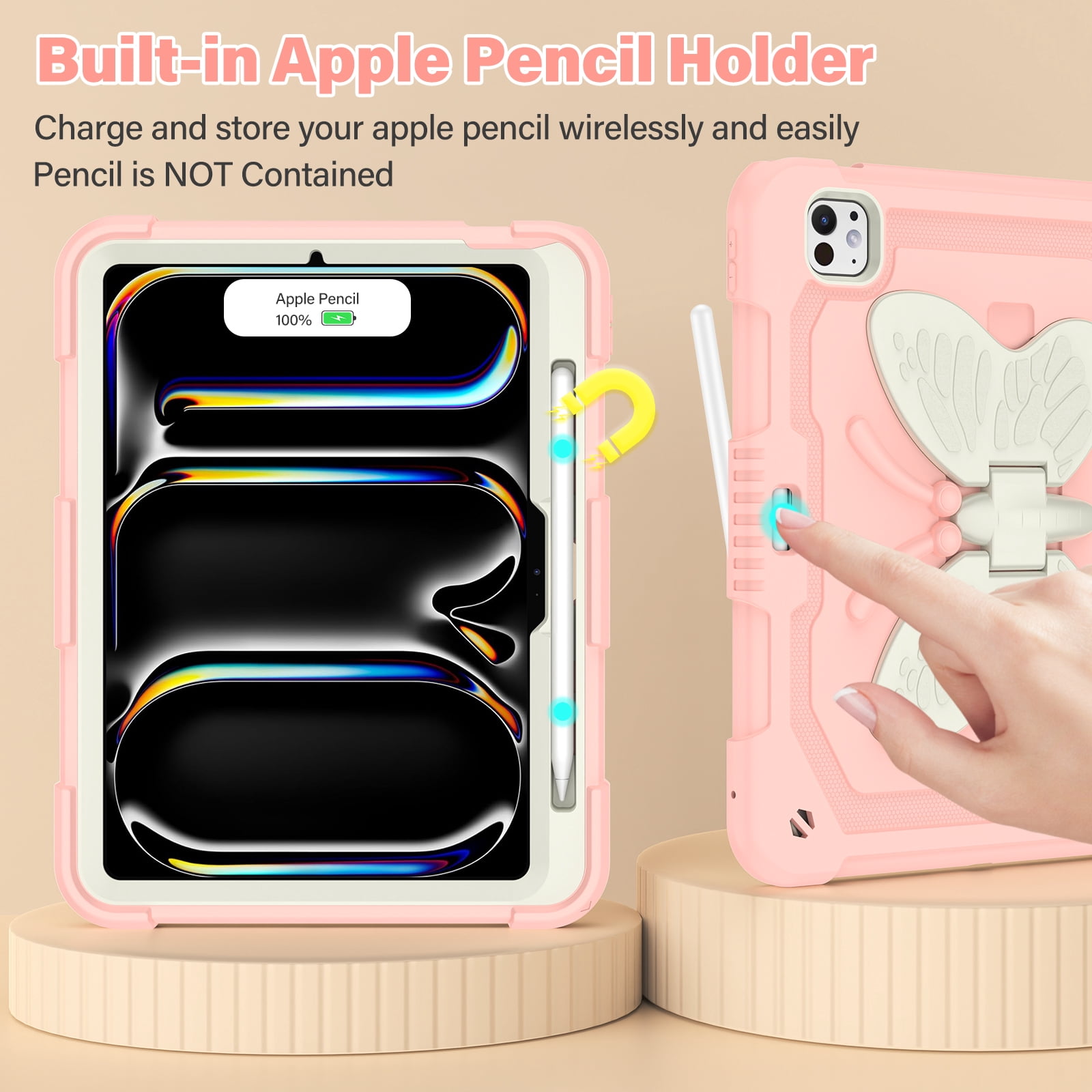 Allytechgroup iPad Pro 11 M4 2024 Case, Cute Butterfly Design Heavy Duty Shockproof Shoulder Strap Pencil Holder Kickstand Bumper Kids Friendly Rugged Case for Apple iPad Pro 11" 2024,Pink+Beige