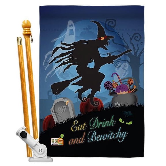 Breeze Decor BD-HO-HS-112005-IP-BO-D-US15-BD 28 x 40 in. Bewitchy Fall Halloween Impressions Decorative Vertical Double Sided House Flag Set with Pole Bracket Hardware