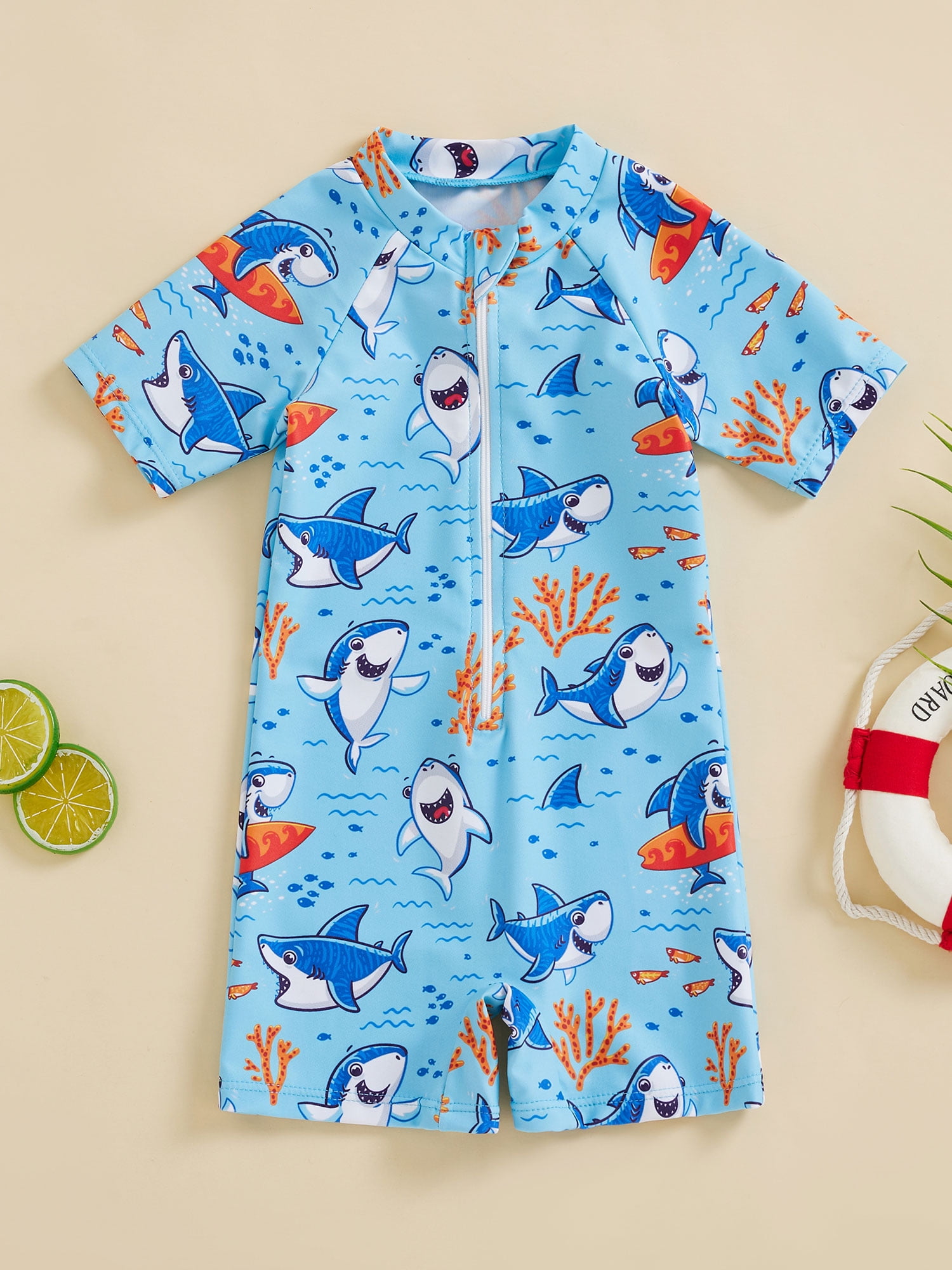 Baby Boy Swimsuit Rash Guard - Short Sleeve One-Piece ZIP UP Swimwear For Toddlers