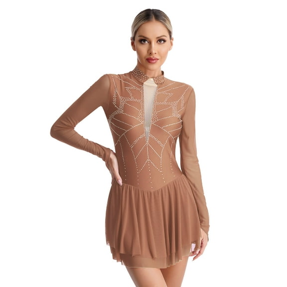 XUNZOO Women's Shiny Rhinestone Figure Skating Dress Mesh Long Sleeve Ballet Leotard Dress Ice Dusty Pink XL
