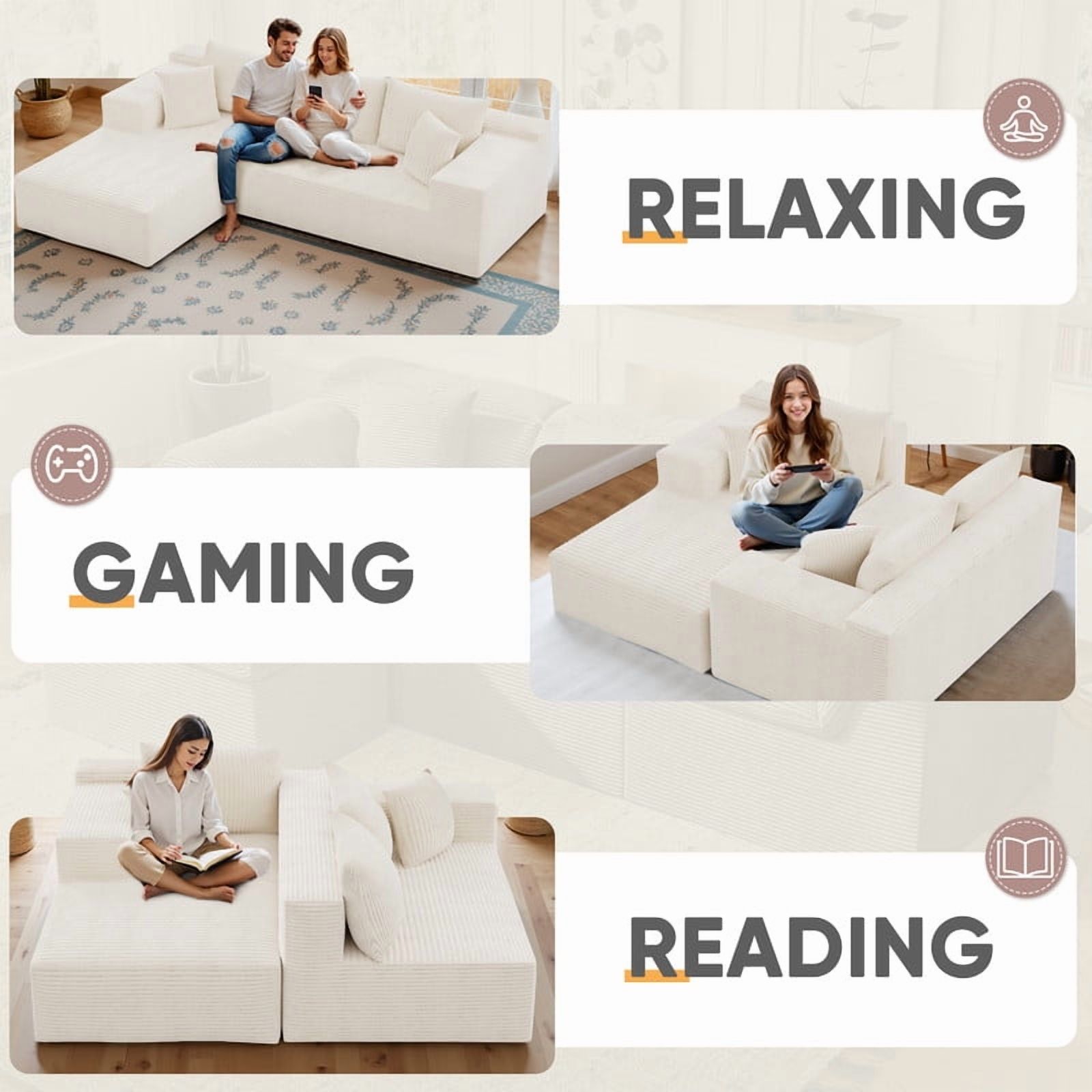 Furmax 108"  L-Shape Boneless Chaise Sectional Sofa Cloud Couch Sectional Corduroy Couch Set with Deep Seat for Living Room,Corduroy White