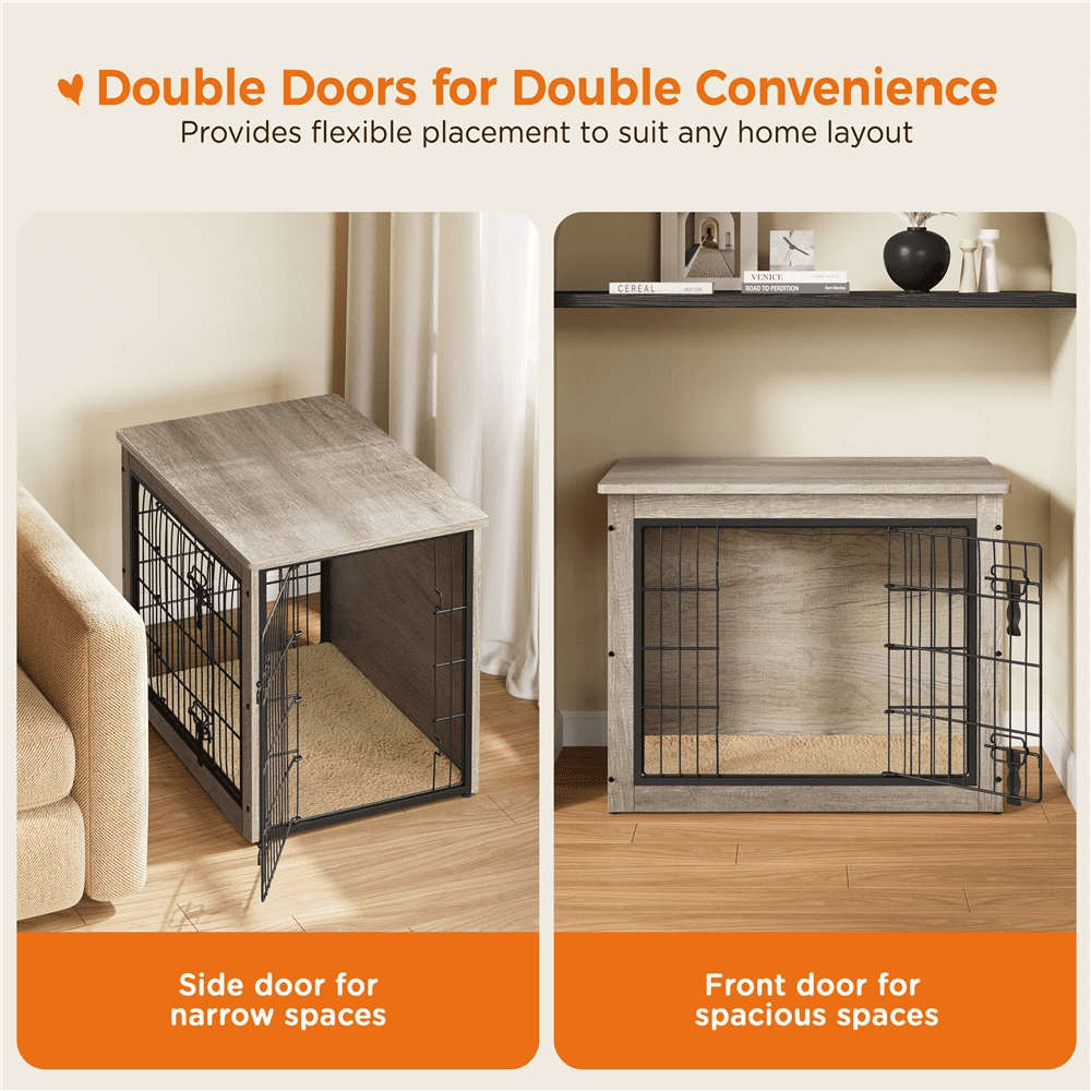 Alden Design 32" W Rustic Industrial Dog Crate with Anti-Skid Plush Mat For Medium-Sized Dogs, Gray