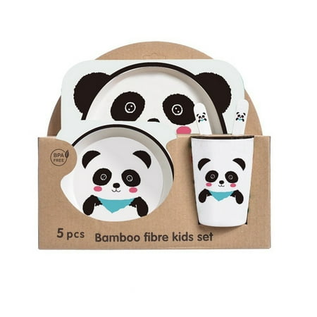 

5Pcs/Set Bamboo Kids Dinnerware Set - Children Dishes - BPA Free Food Plate Bowl Cup Spoon Fork Set Dishware Cartoon Tableware - Panda