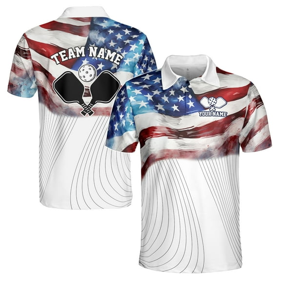 Personalized Name American Flag Patrotic Pickleball Men's Polo Shirt S-5XL