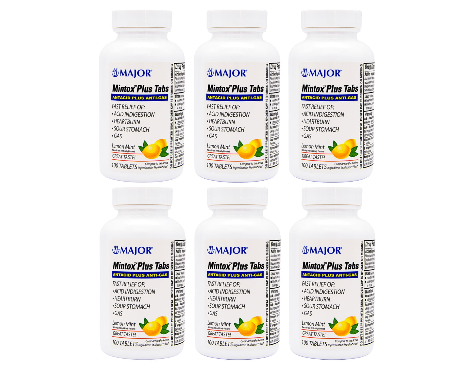 Major Mintox Plus Antacid Plus AntiGas Tabs, Lemon Mint, 100 Count Pack of 6