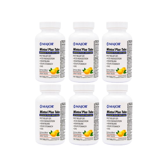 Major Mintox Plus Antacid Plus Anti-Gas Tabs, Lemon Mint, 100 Count - Pack of 6