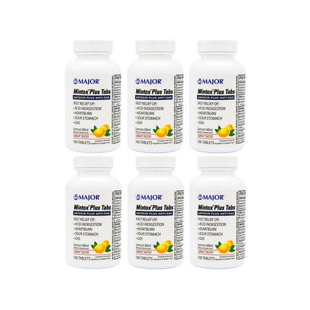 Major Mintox Plus Antacid Plus Anti-Gas Tabs, Lemon Mint, 100 Count - Pack of 6