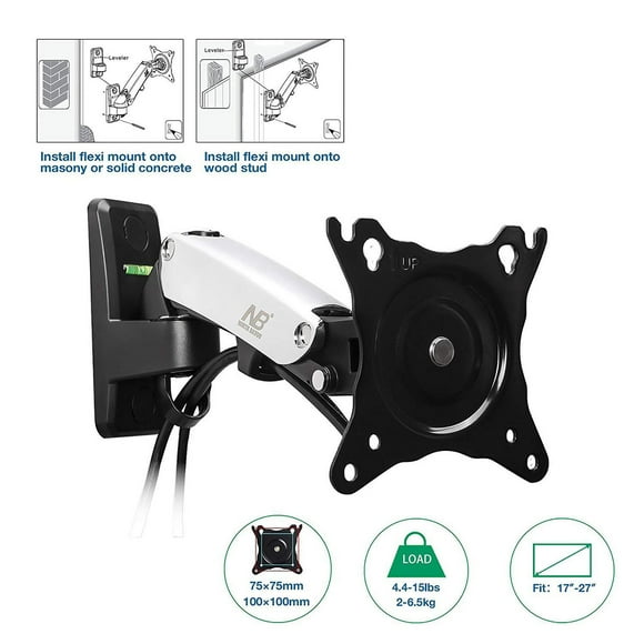 North Bayou 17"-27" Gas-Strut Monitor Wall Mount - F120-S, Silver