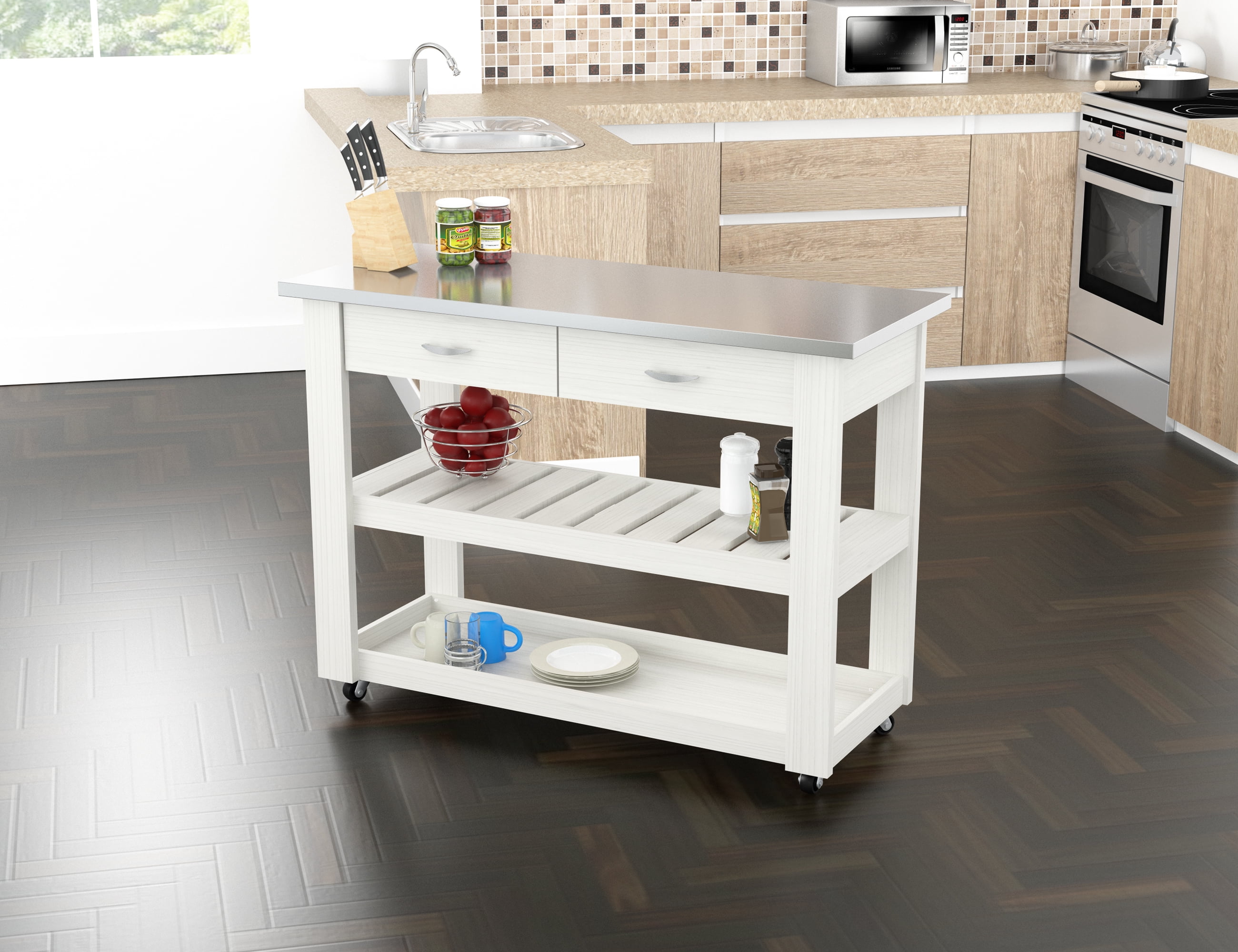 Inval Mobile Kitchen Cart with Stainless Steel Top Laricina